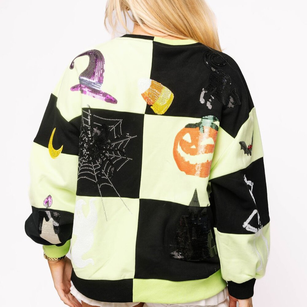 NWT Queen Of Sparkles Light Green and Black Checkered Halloween Icon Sweatshirt - Picture 5 of 5